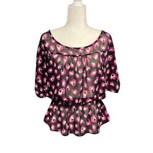 Dina Be pink and navy poppy floral semi-sheer blouse with flared waistband- L